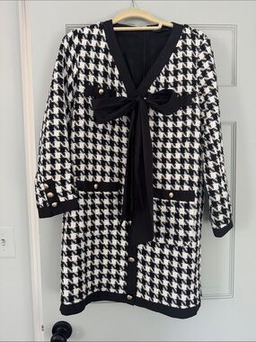 Pomander Place Black and White Houndstooth Bow-Front Dress